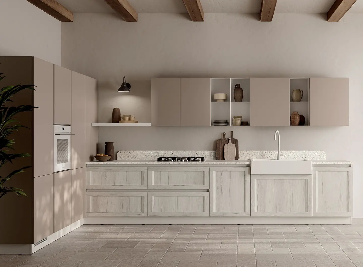 Regola kitchen - Artic Oak decorative melamine and Silt PET frame doors and White finish metal open-fronted elements.