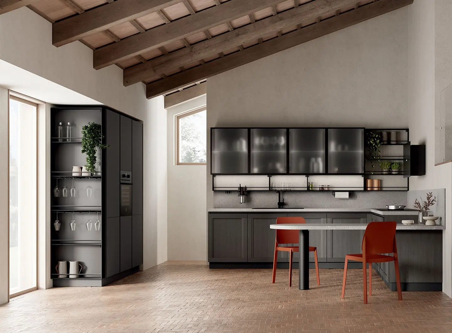 Regola kitchen - Corner composition, Town Oak decorative melamine frame doors, Iron Grey decorative melamine plain doors and Anthracite finish Aluminium frame doors with Screen glass.
