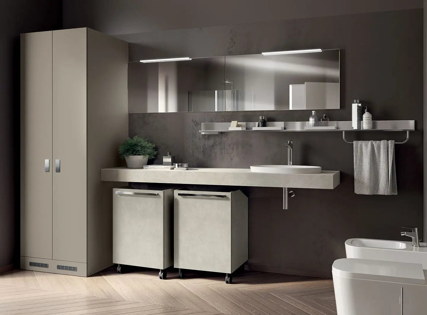 Laundry Space | Aquo - nte laccate opache Visone. Guardaroba con ante in decorativo Bianco. Sistema Parete “Fluida” in decorativo Grigio Gabbiano.