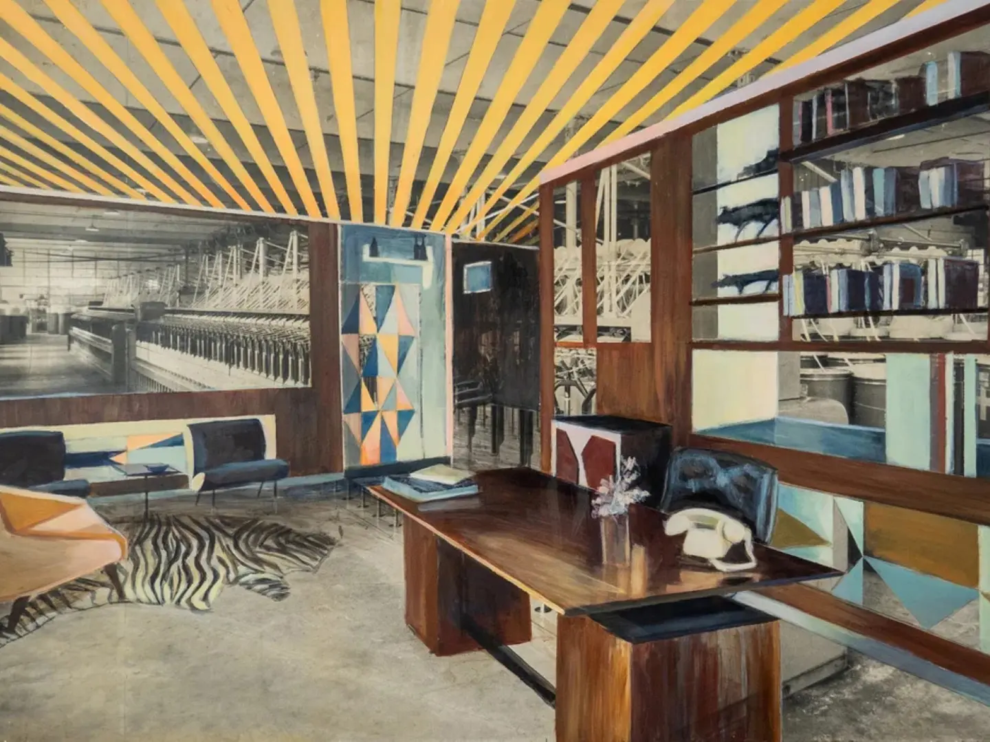 Bea Sarrias, The Bureau Gio Ponti Villa Planchart, acrylic on vintage photograph on wood, 2024, ph. Michèle Schoonjans Gallery