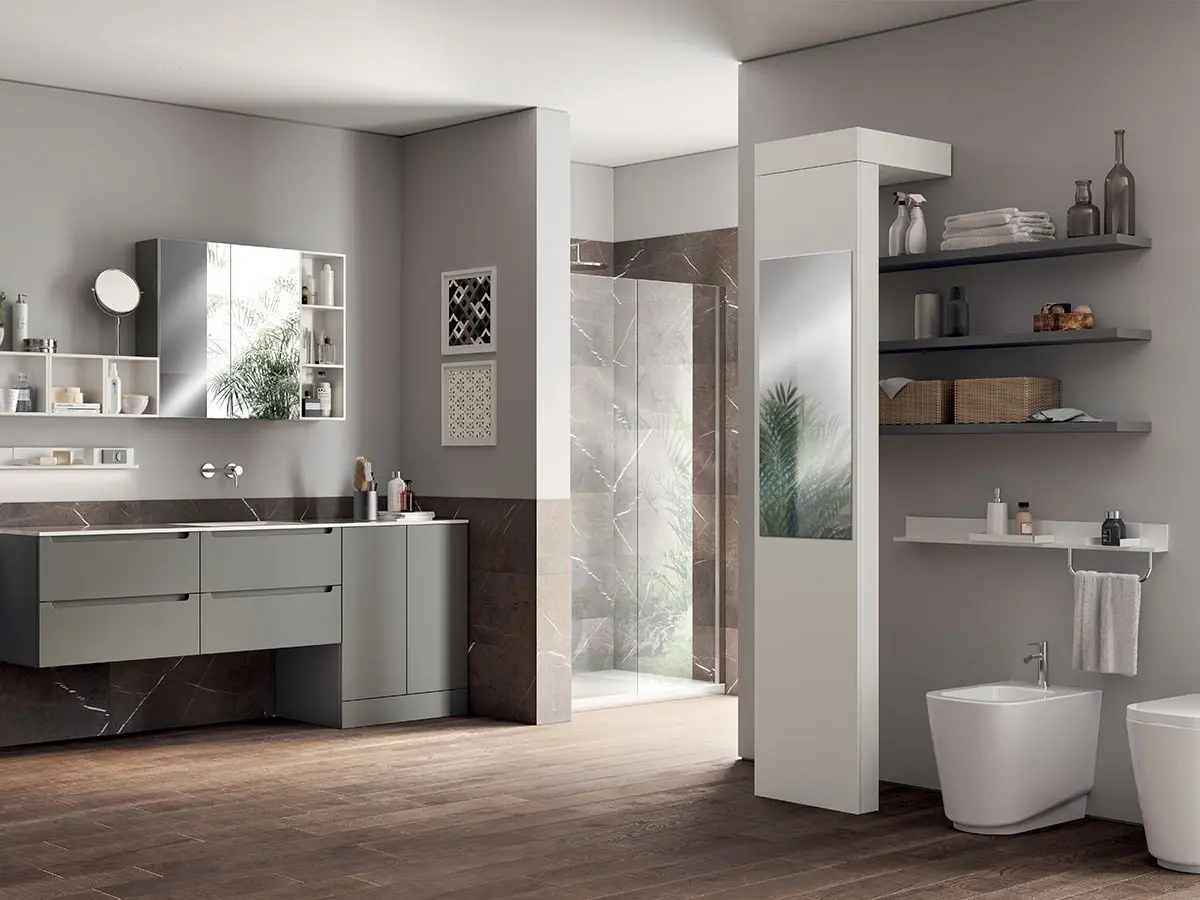 Laundry Space | Idro - ante laccato opaco Grigio Titanio ed elementi a giorno laccato opaco Bianco Prestige. Parete girevole Around in decorativo Bianco.