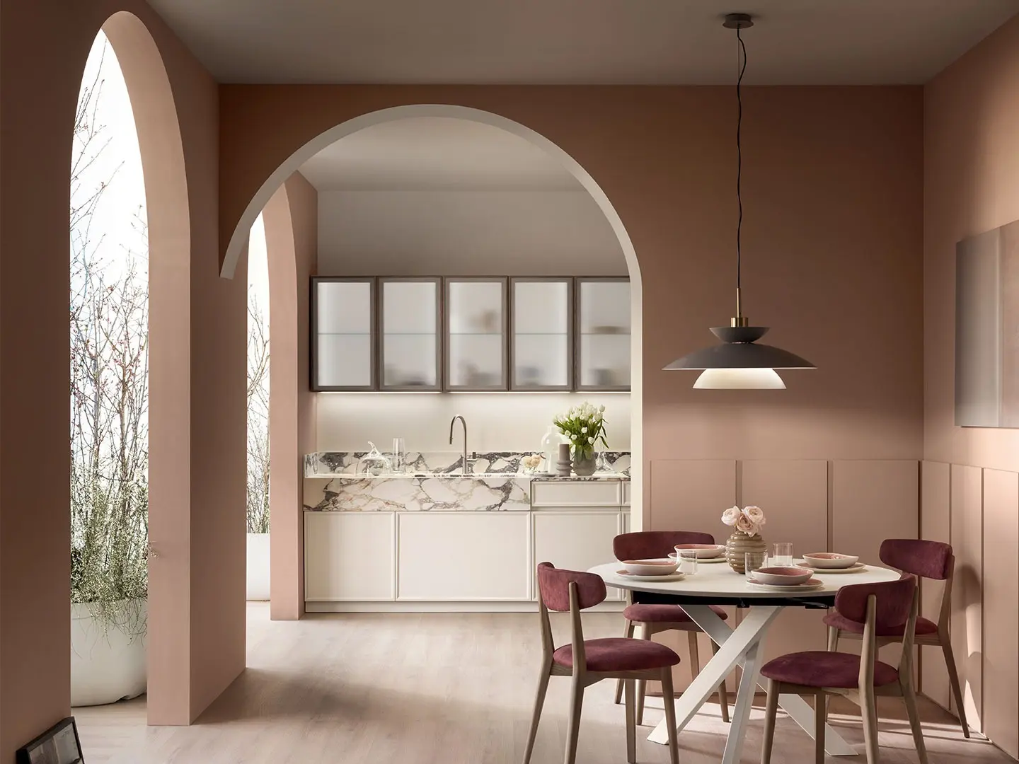 Poetica kitchen - Rice Ash and Pecan Ash wooden frame doors with Satin finish Ribbed glass.