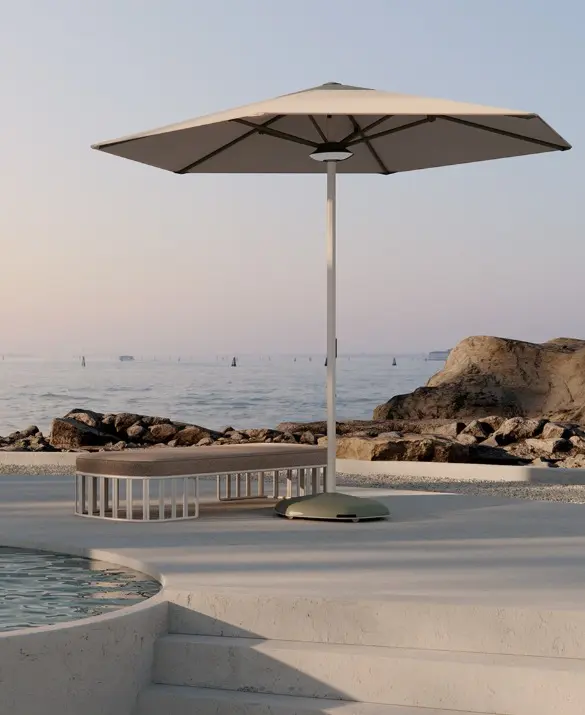 ORAK is a collection designed by Patrick Norguet that reinterprets the parasol as both a functional and aesthetic design object. The design aims to meet the basic needs of outdoor use while offering a harmonious and balanced presence within the space. Thanks to its parabolic form, it integrates into its surroundings; it complements the character of the space without drawing attention.  Designed with 3 different leg options and 4 sizes options.