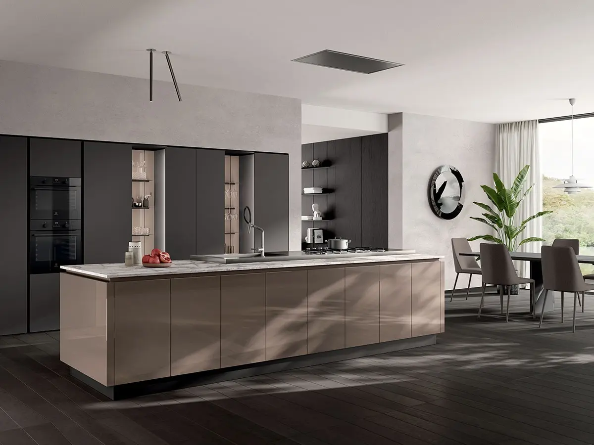 Cucina Regola - ante vetro lucido Grigio Tundra e laccato opaco Grigio Ferro