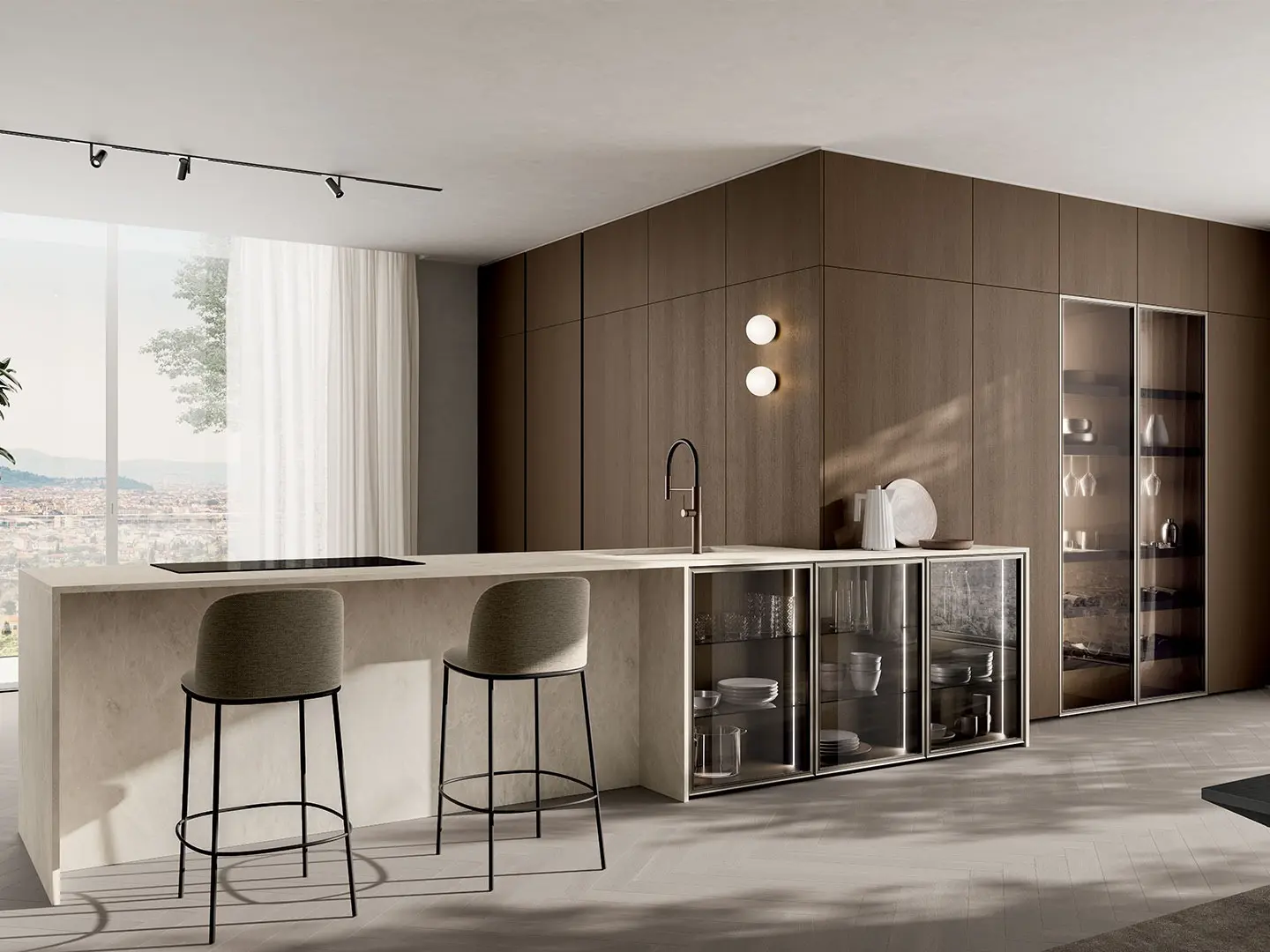 Regola kitchen - Diamond Cream stoneware doors, Toffee Oak decorative melamine doors and Champagne finish shaped aluminium frame Air Box doors with transparent Bronze glass.