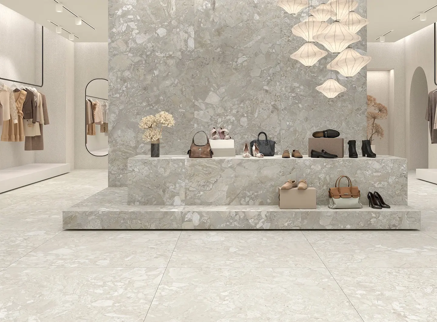 Elegant store with stone-effect floors and walls.