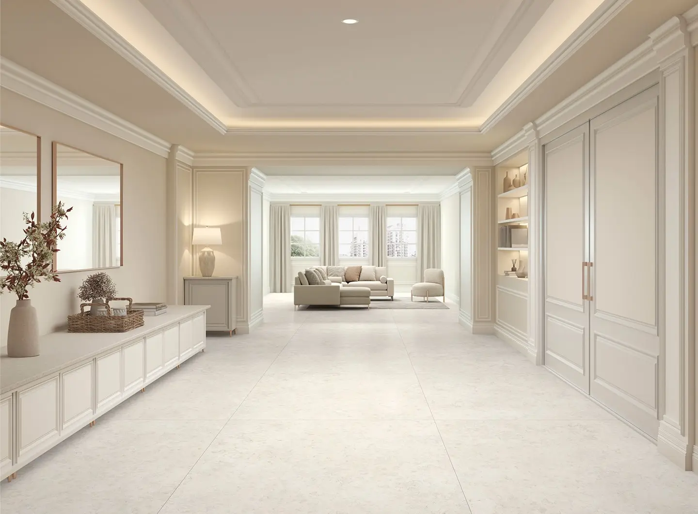 Bright white living room with Perlino flooring.”