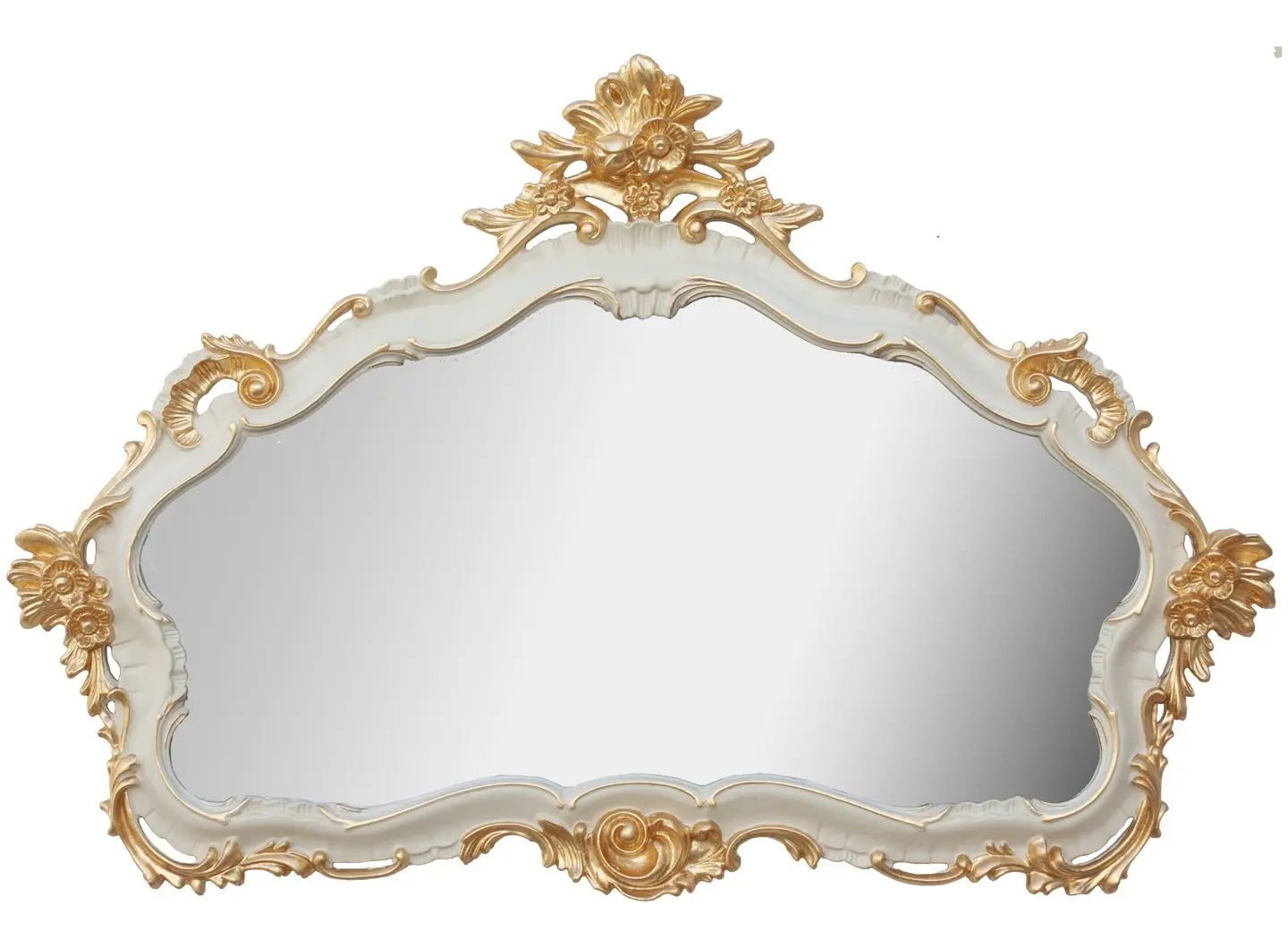 Mirror with a distinctive shape in solid ivory-colored wood with gold leaf details.