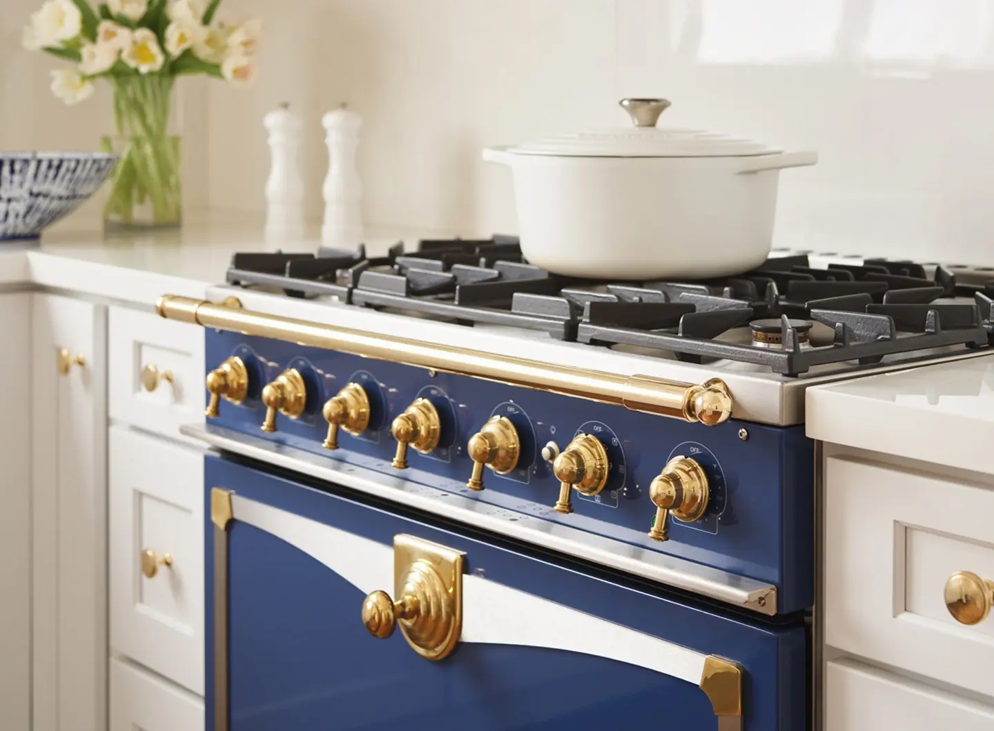 Albertine 90, colore personalizzato, finiture in acciaio inox spazzolato, dettagli e corrimano in ottone lucido.