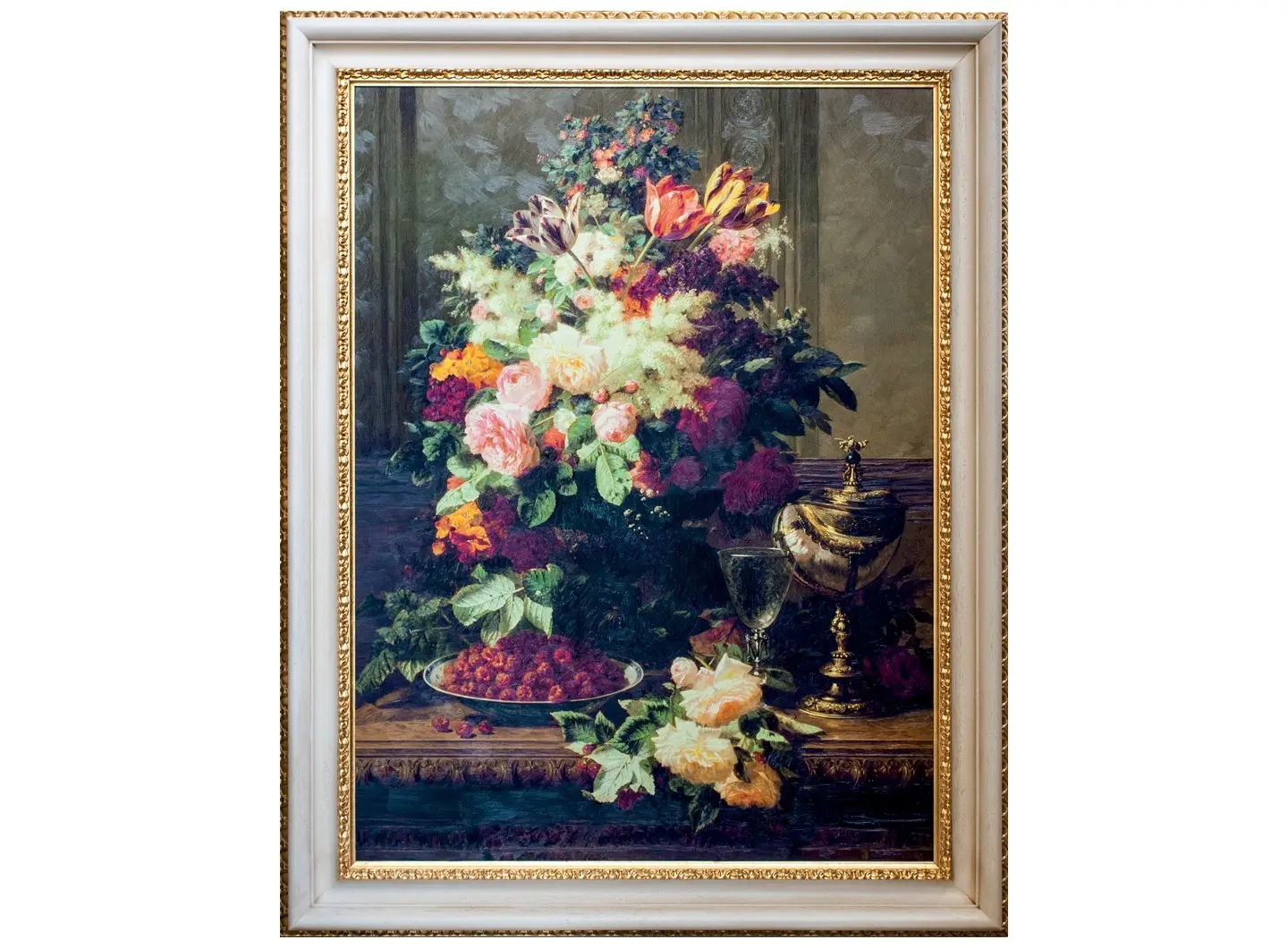 Elegant still life with ivory-colored solid wood frame and decorative gilded leaf ornamental details.