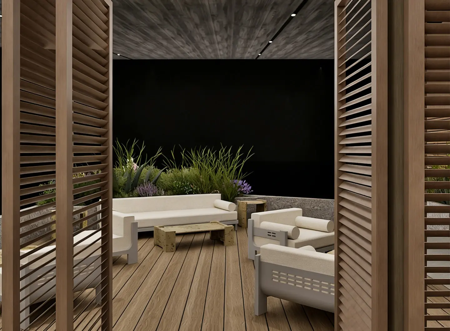 YARDCOM x SAOTA booth design, including pergola, outdoor armchair, sofa, and coffee table etc.