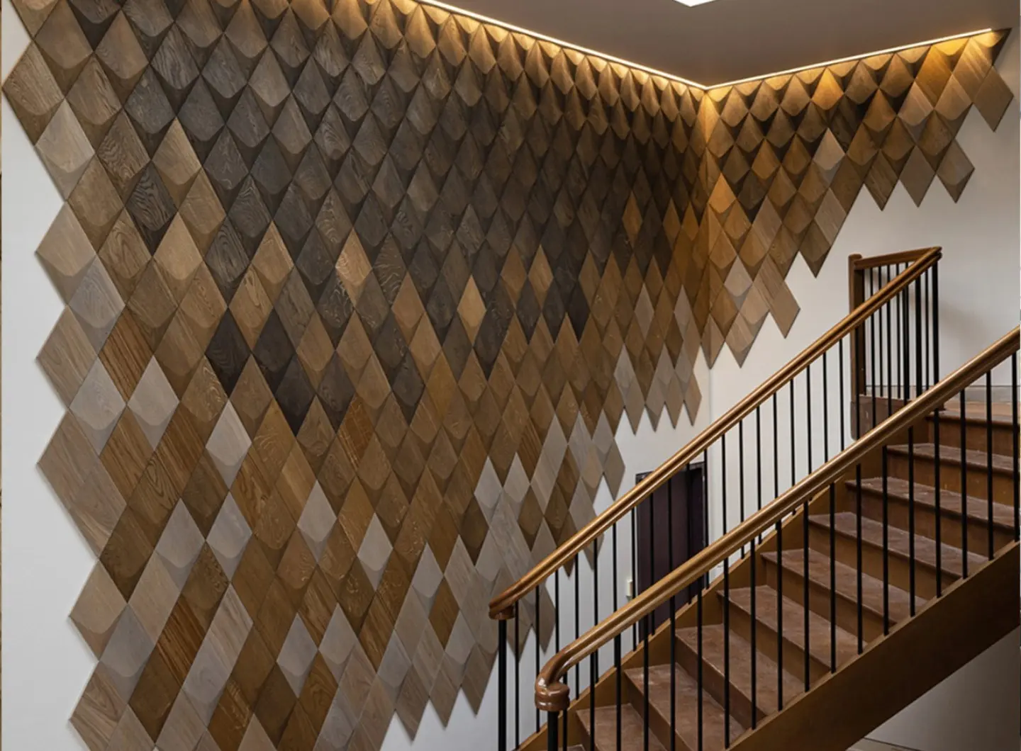 Modern staircase featuring an artistic wall installation made of 3D oak wood panels in a diamond pattern, with LED strip lighting.