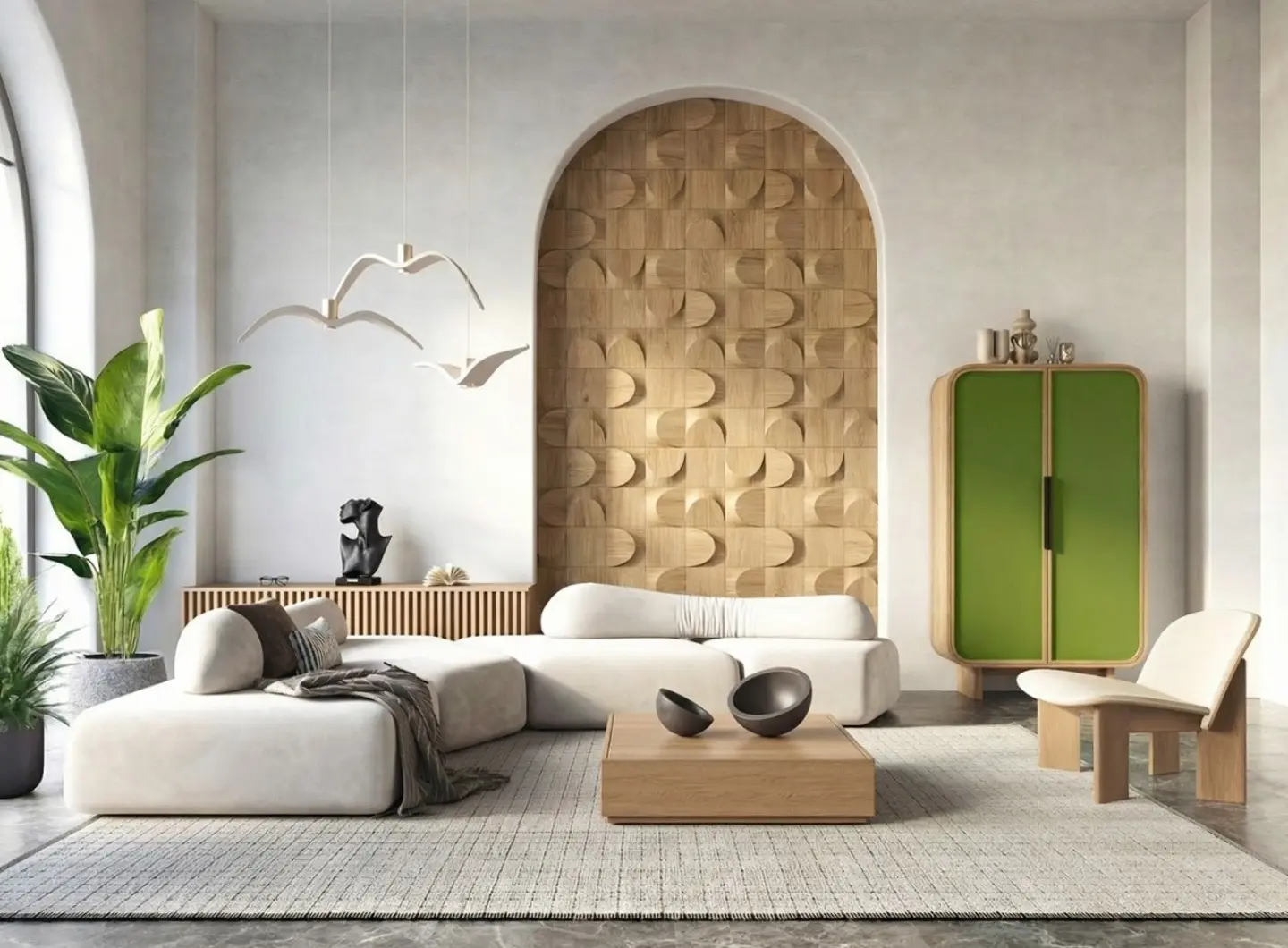 Bright living room featuring an arched niche with 3D oak wood panels, white modular sofa, a vibrant green cabinet, and bird-shaped pendant lights.