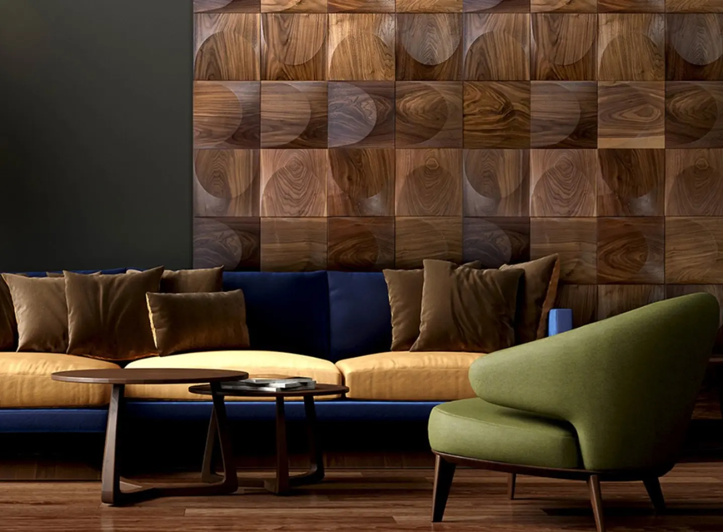 Luxury living room featuring a decorative wall of 3D walnut panels in a circular pattern, with a navy sofa and olive green armchair.