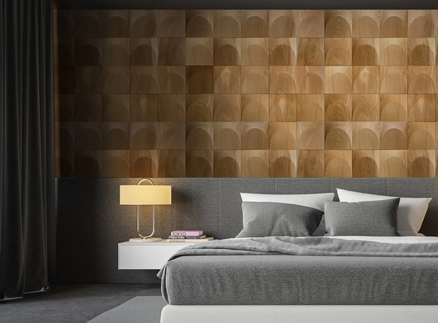 Modern bedroom featuring an accent wall made of 3D oak wood panels in a circular pattern, with a grey upholstered headboard and a stylish bedside lamp.
