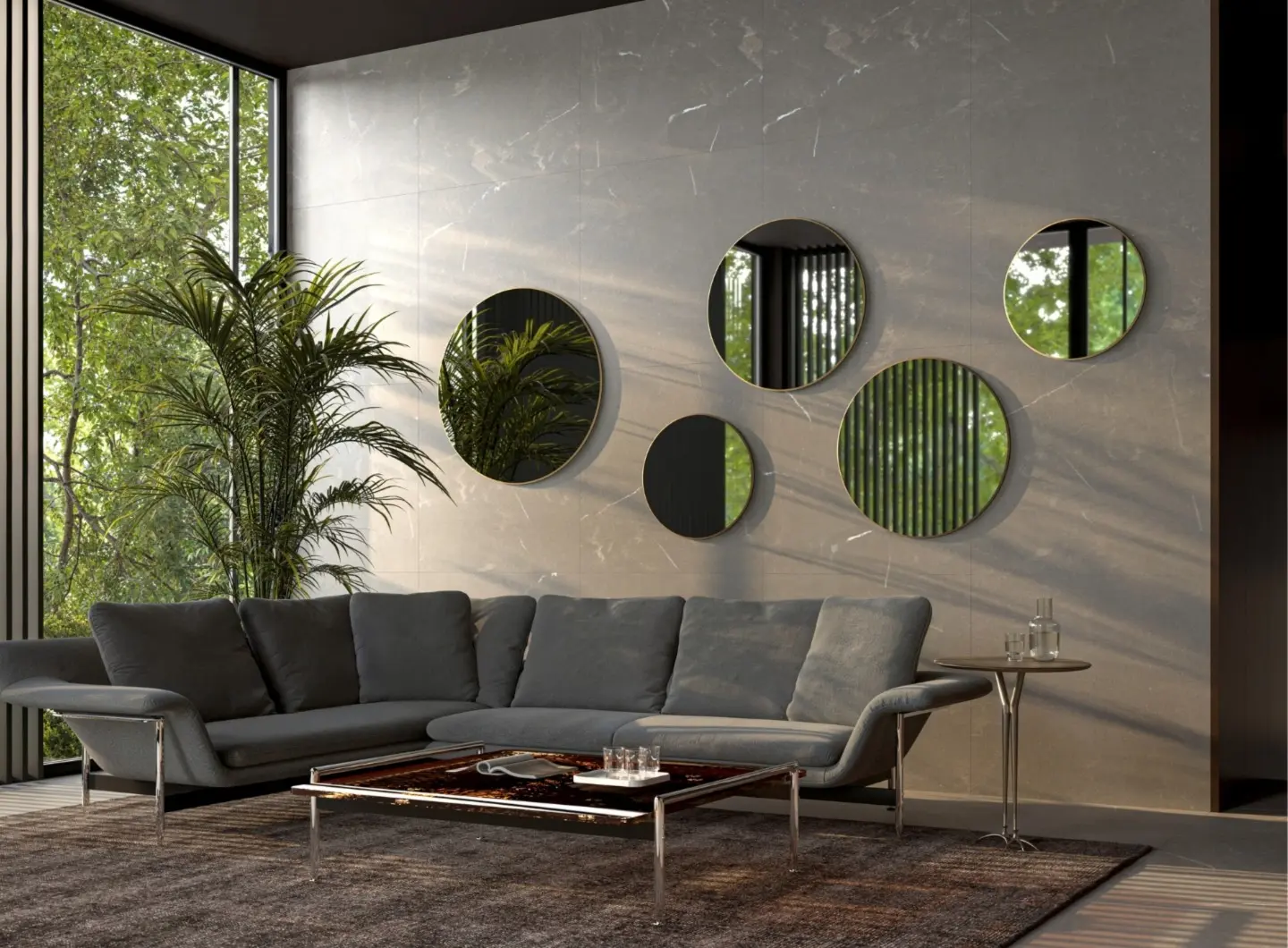 Composizione di specchi Bluemoon nelle finiture spazzolato nero e ottone