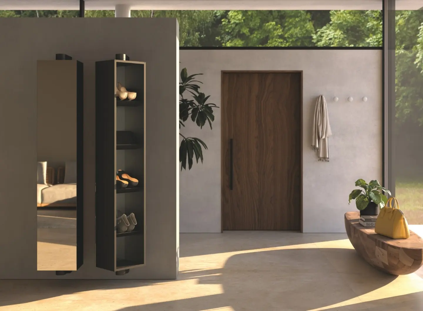 Colonna rotante Treehouse con specchio esterno e interno con ripiani portascarpe