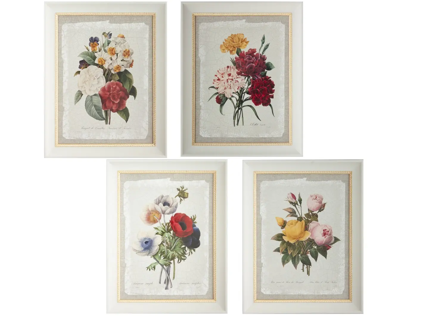 Quadri decorativi con composizione di fiori dai colori caldi, racchiusi in cornici eleganti in legno massello. Le cornici sono rifinite con doratura a foglia, che crea una superficie luminosa e preziosa al tatto e alla vista. L'insieme trasmette uno stile classico e raffinato, adatto ad ambienti eleganti.