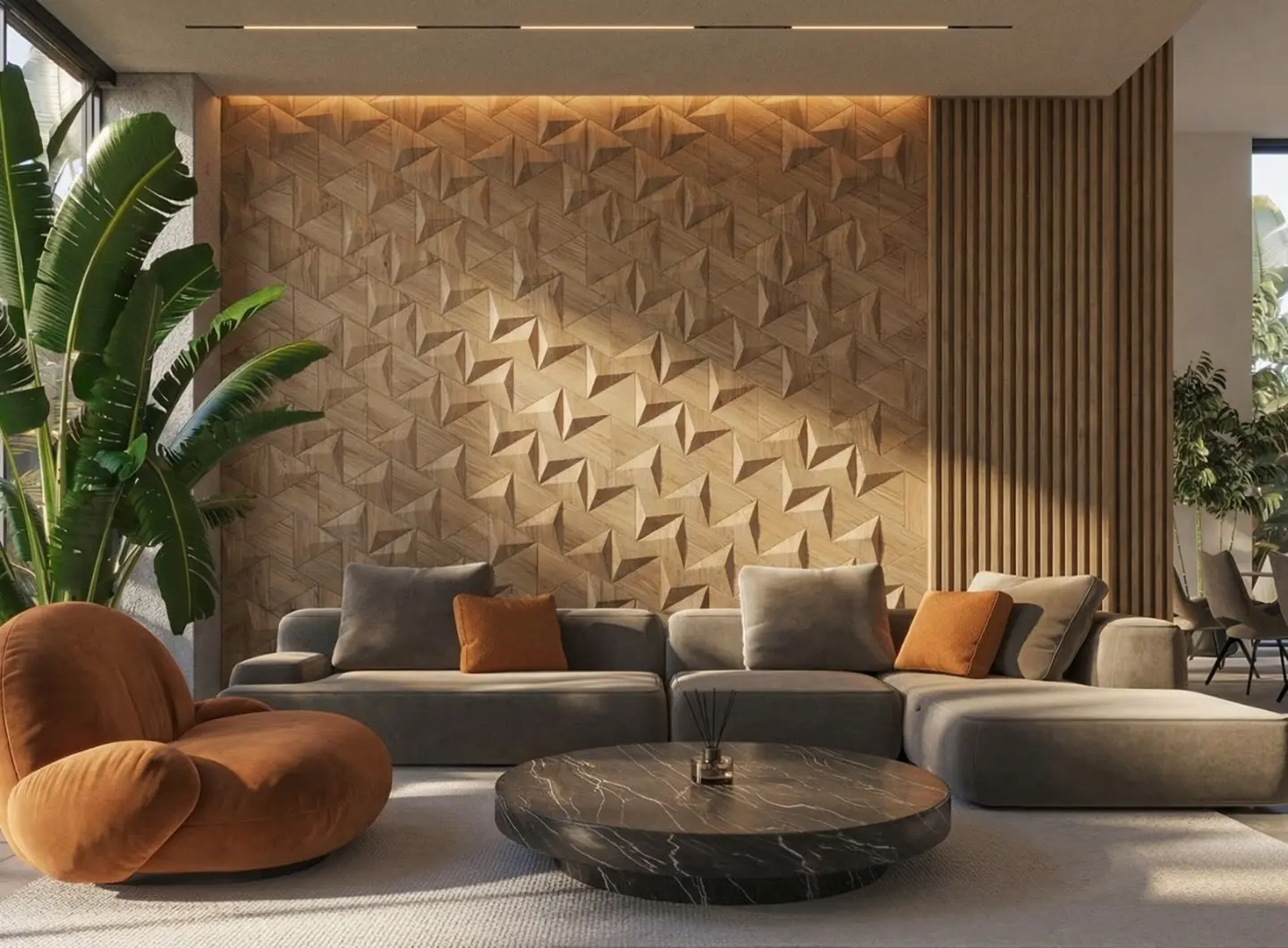 Modern sun-drenched living room in biophilic style featuring 3D oak panels in a triangle pattern, vertical wood slats, a large indoor plant, and a grey sofa.