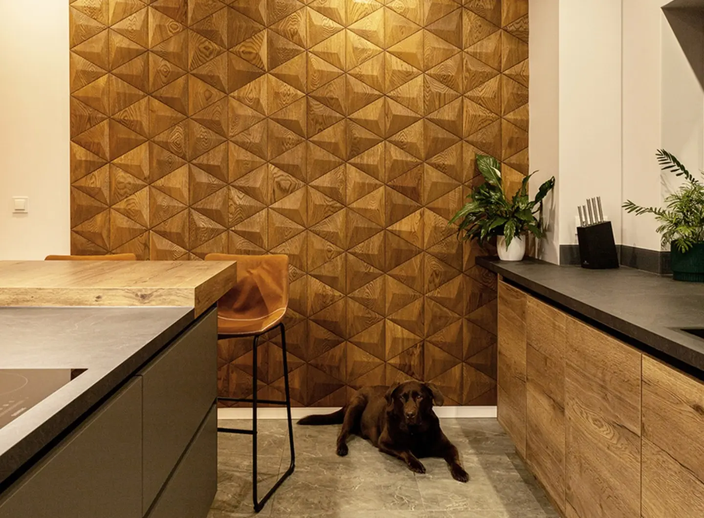 Modern kitchen featuring a large 3D oak wood panel wall in a triangle pattern, wood island, black countertops, and a brown dog on the floor.