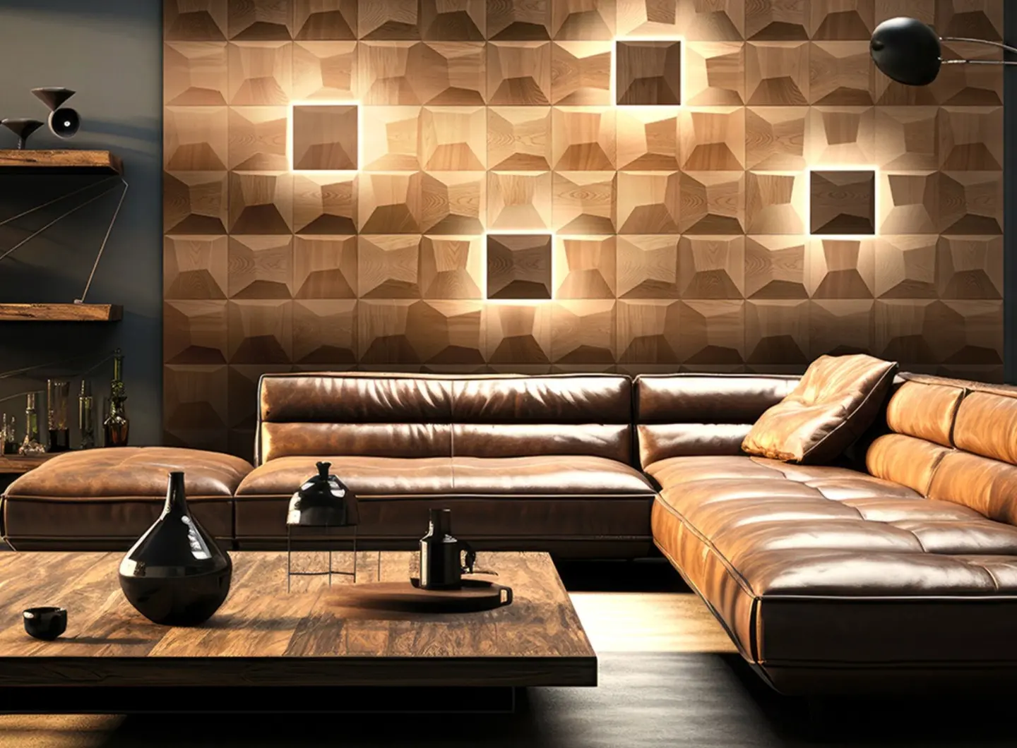 Luxury living room featuring a large 3D oak wood panel wall in a square pattern with integrated LED backlighting and a leather sofa.