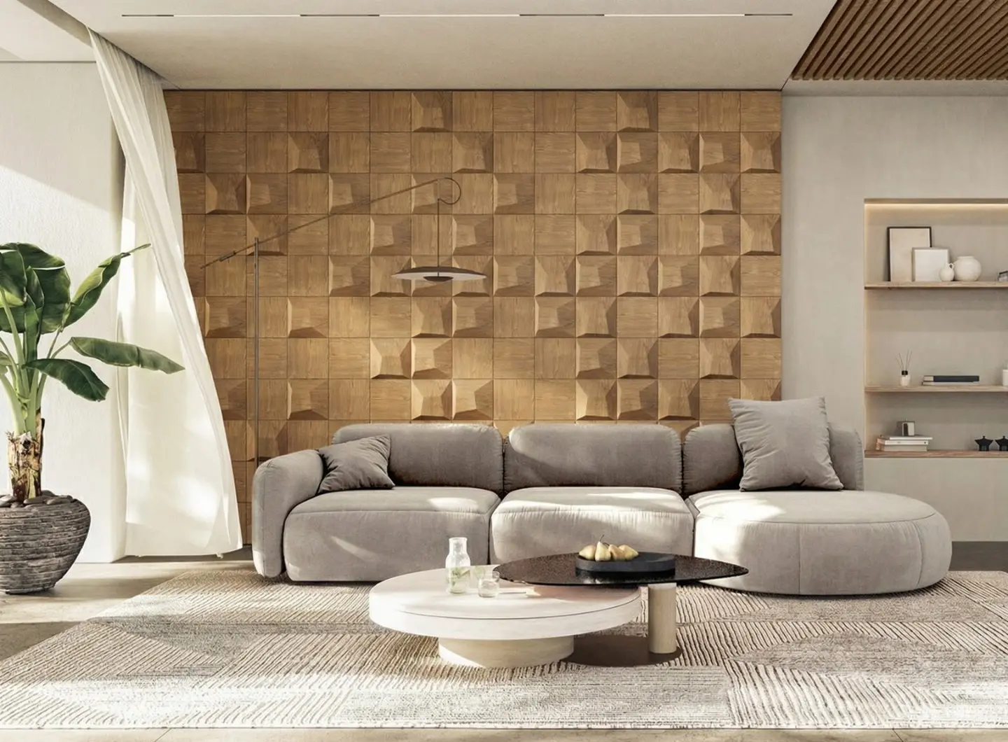 Bright living room in soft minimalism style with a decorative wall of 3D oak wood panels in a square, convex pattern and a grey modular sofa.