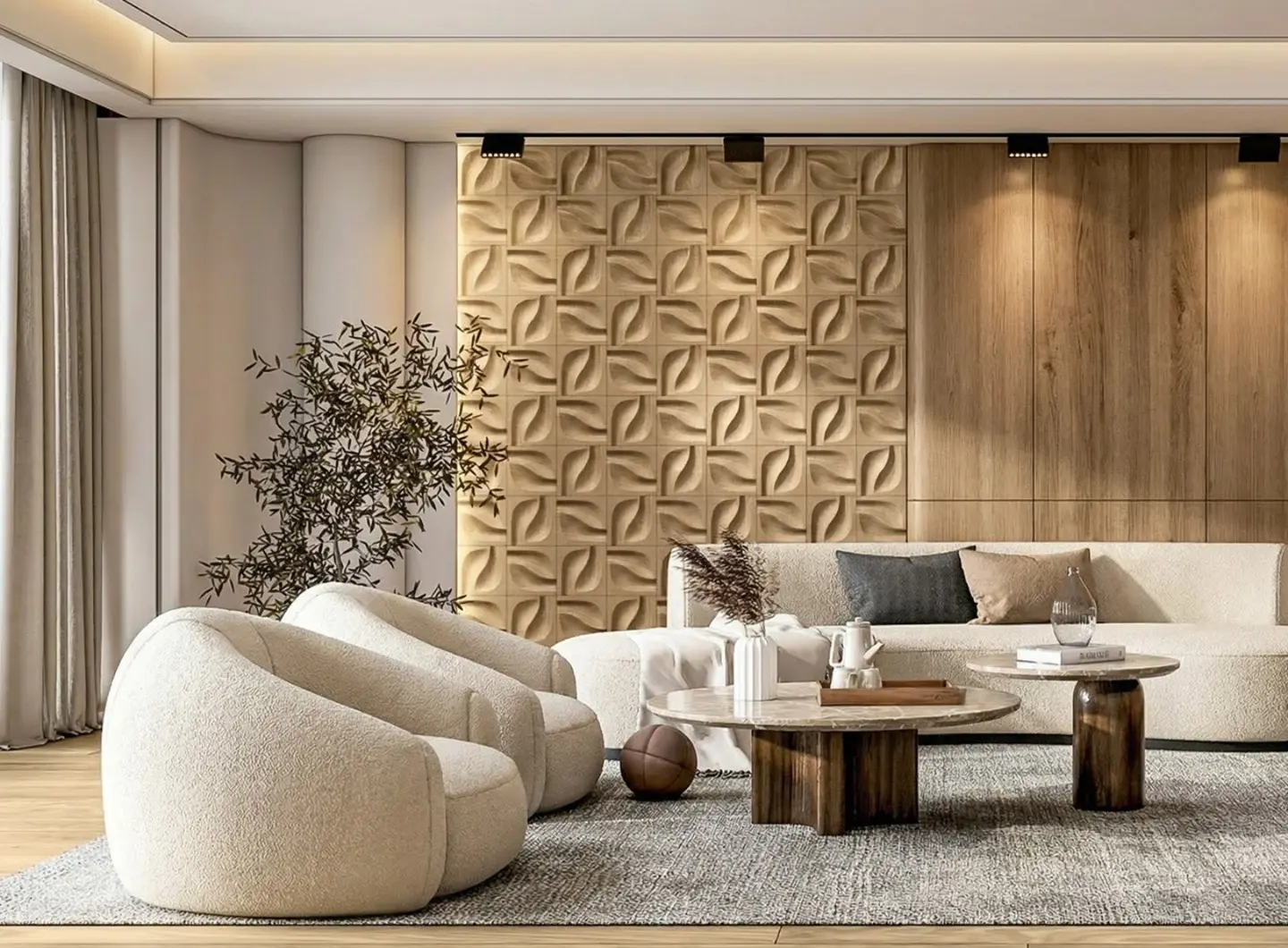 Bright soft minimalism living room with a 3D oak wood accent wall in an organic leaf pattern, beige bouclé sofa, and marble furniture.