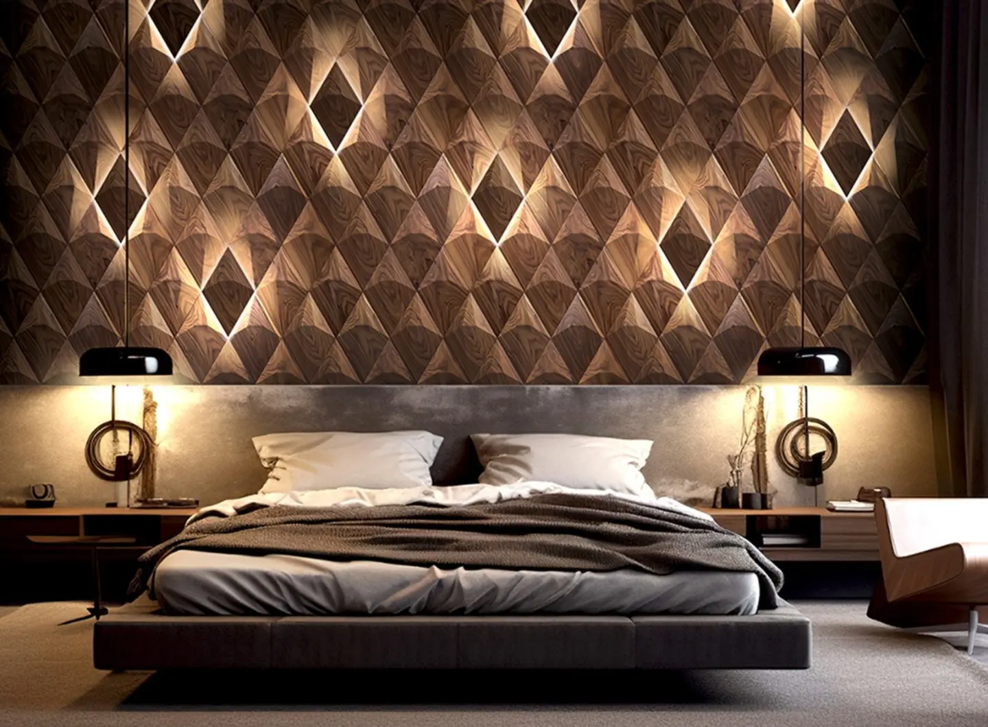 Exclusive bedroom featuring a decorative 3D walnut panel wall in a diamond  pattern, with integrated accent lighting and a modern bed.