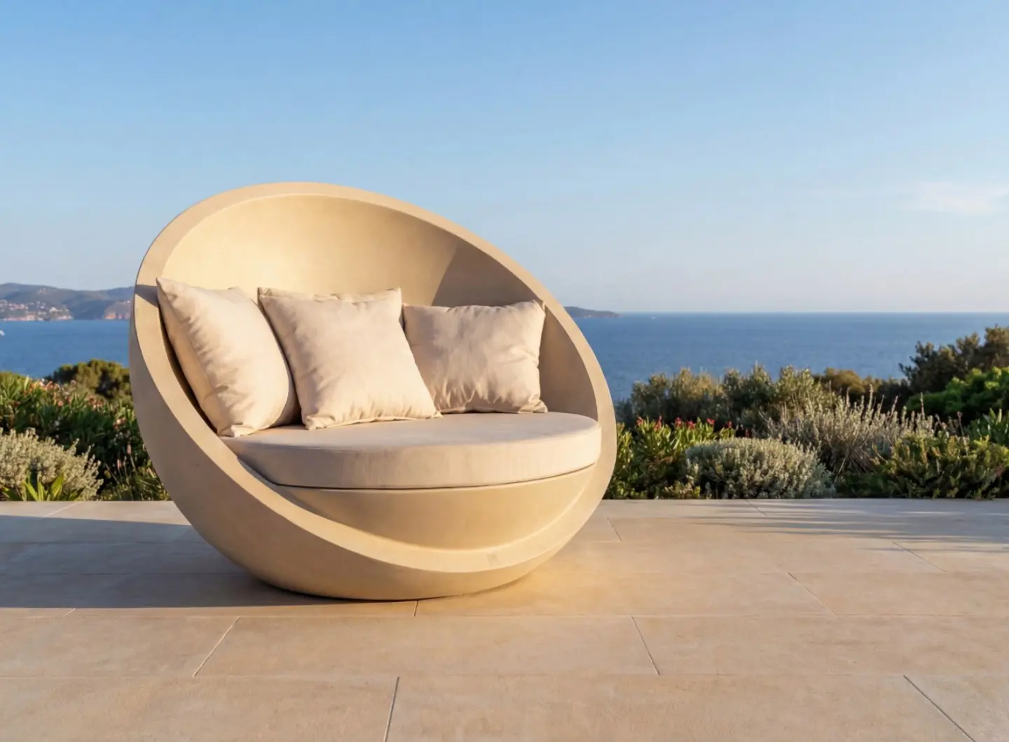 BOLA Sofa by GANSK on a terrace with sea views, featuring a bold circular shell and plush cushions.