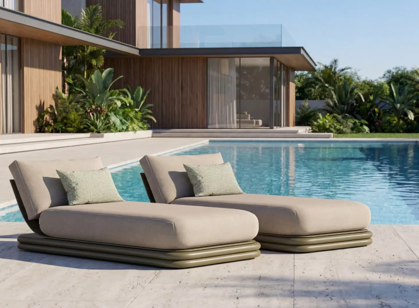 Two CAPRI daybeds by a pool, featuring generous cushions and a sculptural layered base in a modern villa setting.