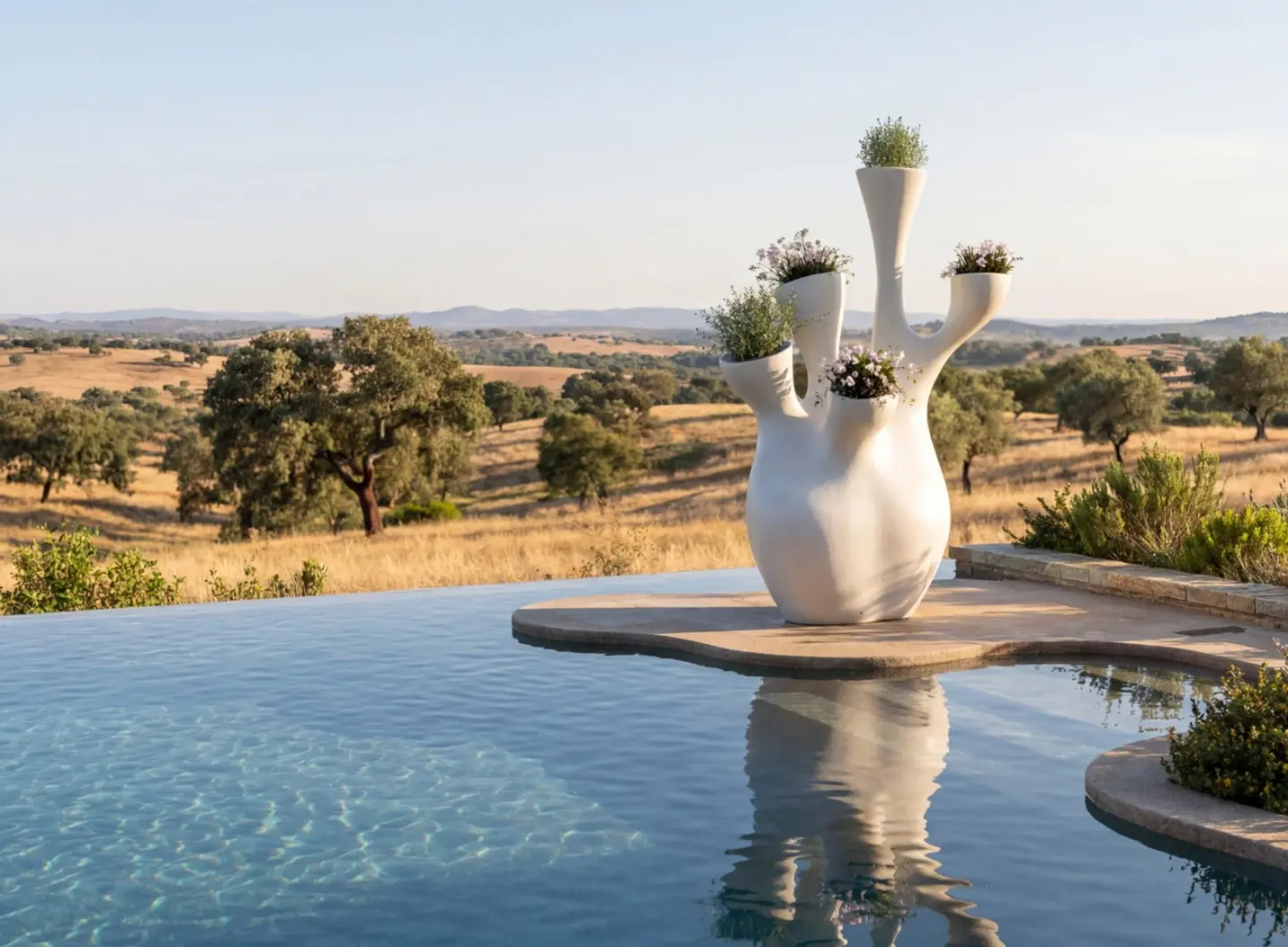 CORAL planter by GANSK beside an infinity pool, a sculptural multi-opening vessel filled with flowers overlooking a rural landscape.