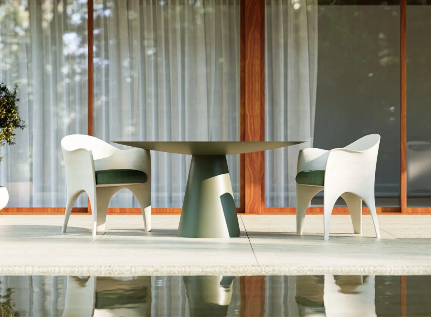 OCEANO Dining Table paired with two OCEANO outdoor chairs on a modern terrace beside a reflecting pool.