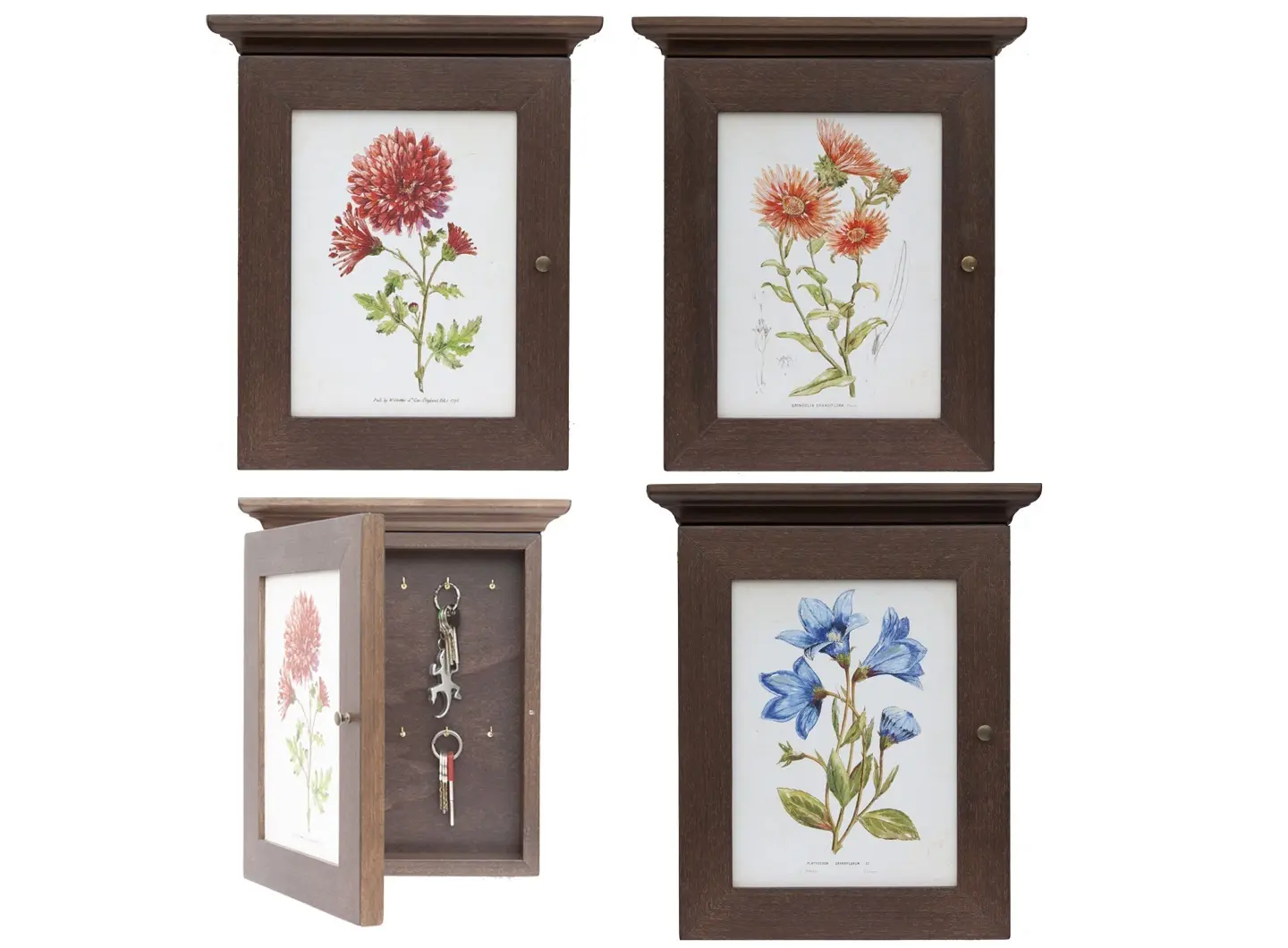 Solid walnut-colored wall-mounted key holder, sturdy and durable. It features a door with a simple, smooth frame. Inside, there are hooks for hanging keys, while the outside features a decorative image. Elegant and practical.