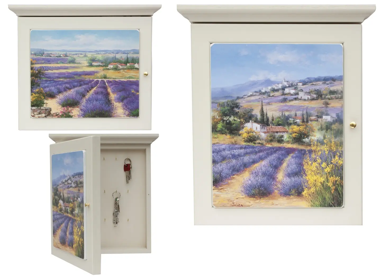 Elegant wall-mounted key holder made of solid wood with an ivory finish. From the outside, it looks like a decorative painting; inside, it hides practical hooks for organizing keys. It combines refined aesthetics and functionality, ideal for tidy and welcoming entryways.