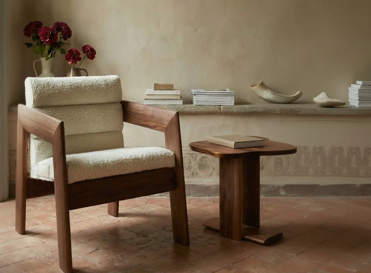 Lounge chair and side table in walnut