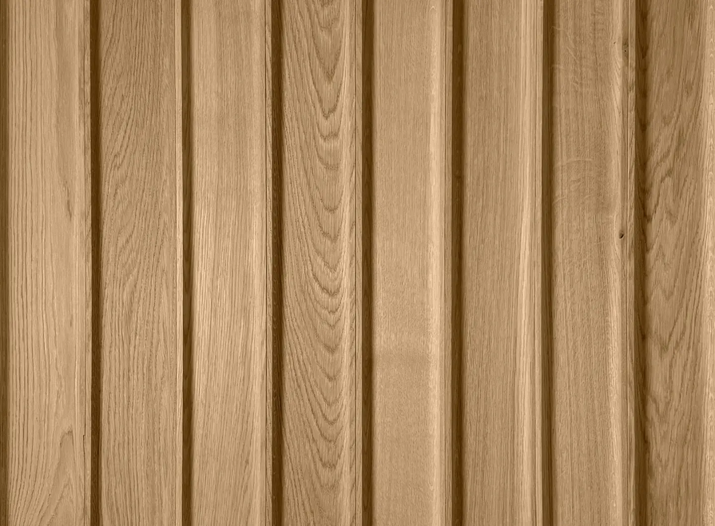 Close-up of 3D oak wood wall panels in a natural finish, featuring a Concave pattern with vertical grooves and authentic wood grain.