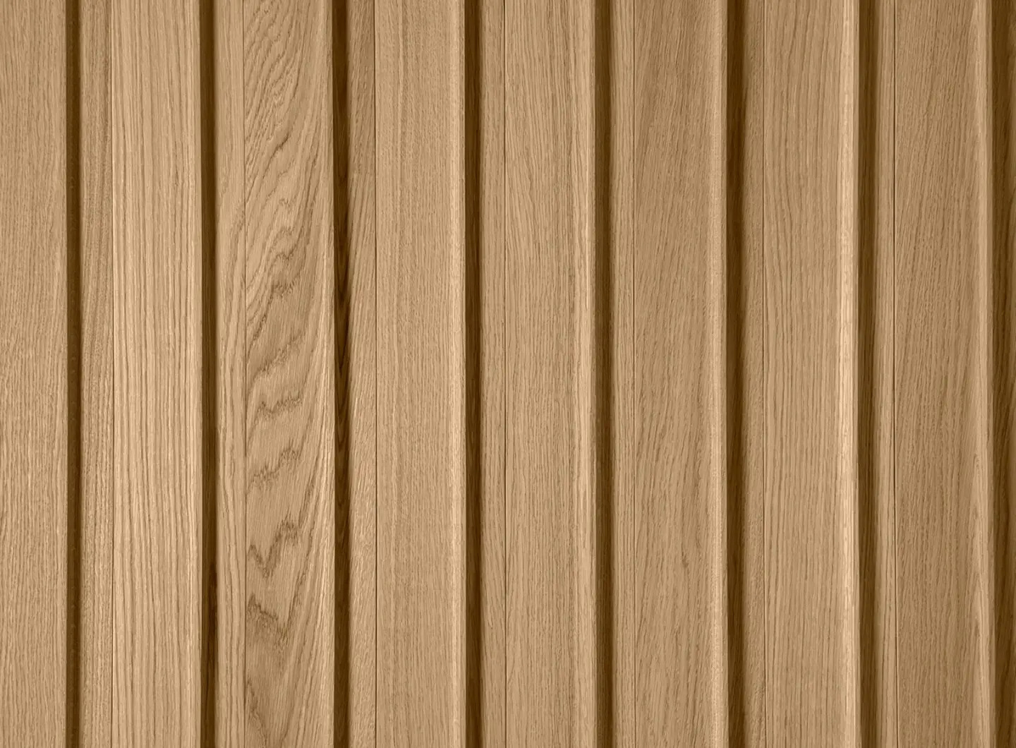 Close-up of 3D oak wood wall panels in a natural finish, featuring a Ribbon or linear pattern, and showcasing the natural oak grain and sculptural depth.