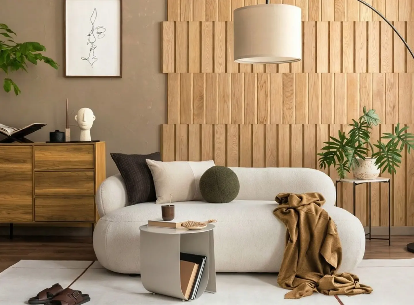 Cozy modern organic living room featuring a decorative 3D oak wood panel wall (Linear pattern), white bouclé sofa, wooden sideboard, and beige accents.