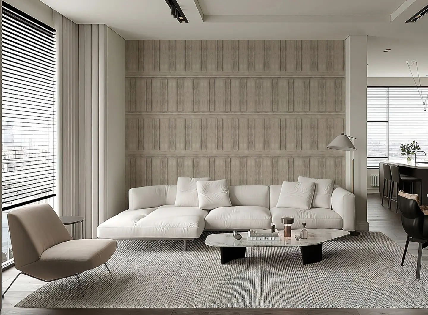Spacious living room in a modern loft featuring a vertical 3D oak wood accent wall in a Ribbon pattern, panoramic windows, light modular sofa, and organic furniture.