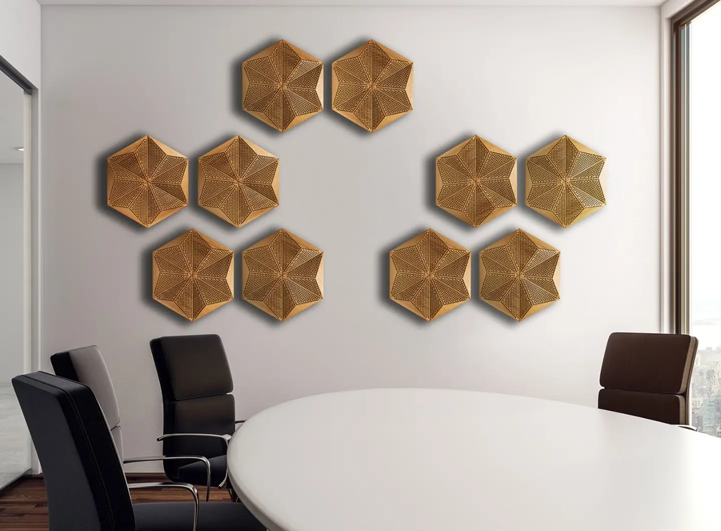Modern conference room featuring a wall installation of 3D oak acoustic panels in a Hexagon pattern, with a white table and black office chairs.
