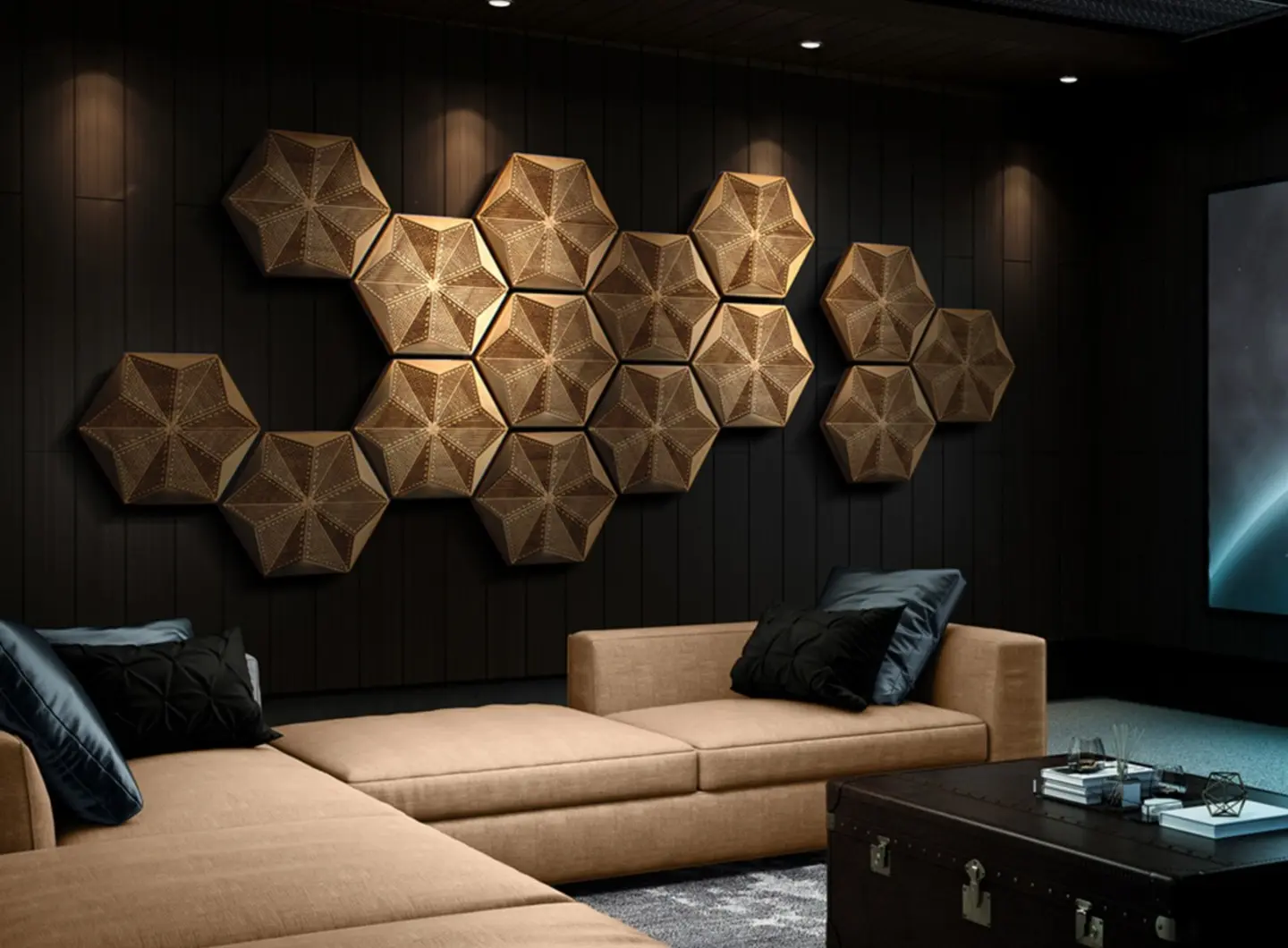 Luxury home cinema featuring a 3D oak acoustic panel installation in a Hexagon pattern on a dark wall, with ambient lighting and a beige sofa.