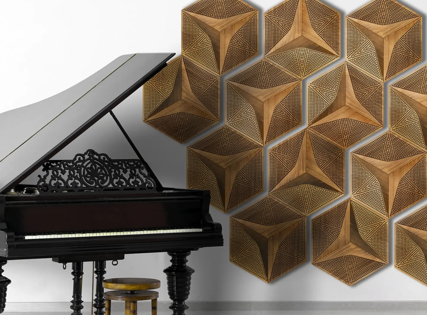 Elegant music room featuring a black grand piano and a 3D oak acoustic panel wall installation in a Hexagon pattern for sound treatment.