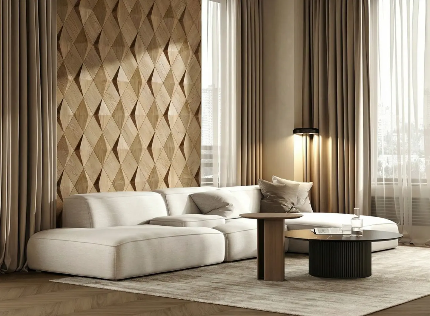Modern Japandi living room featuring a 3D oak wood accent wall in Caro diamond pattern, white modular sofa, and beige curtains.