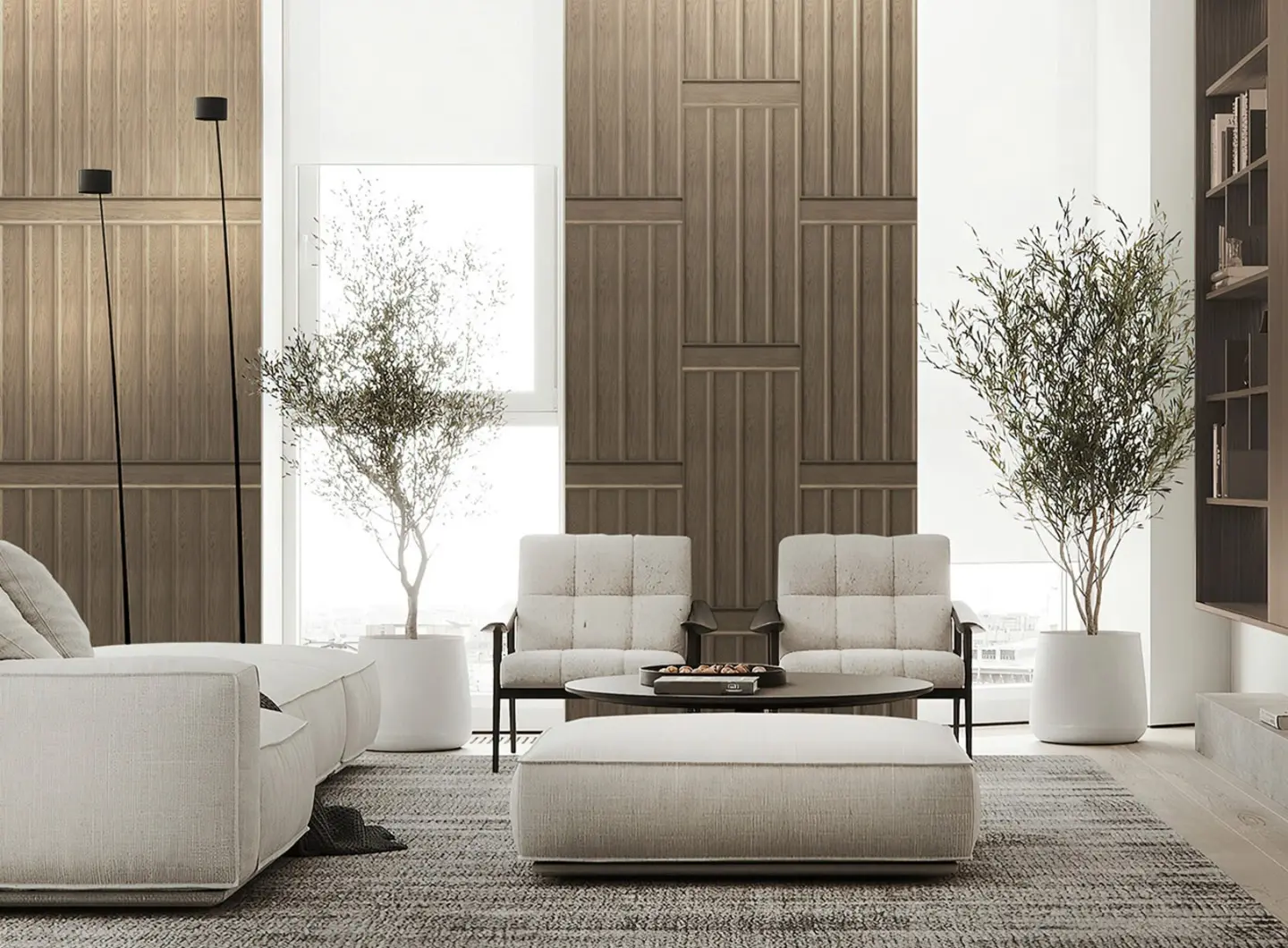 Luxury modern living room featuring a vertical 3D oak wood accent wall in a Linear pattern, light modular sofas, and panoramic windows.
