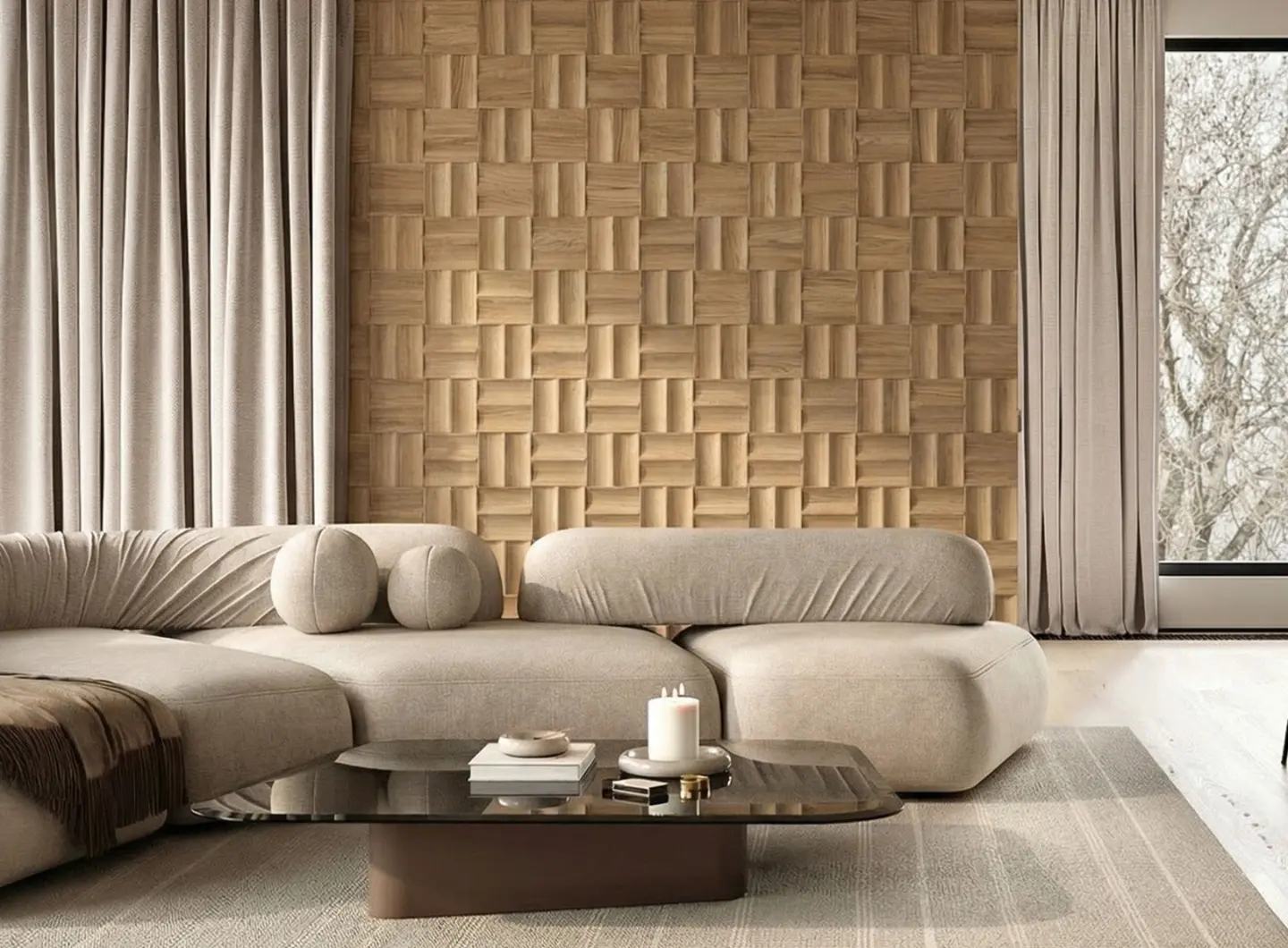 Modern Japandi style living room featuring a 3D oak wood accent wall in a basketweave check pattern, beige modular sofa, and linen curtains.