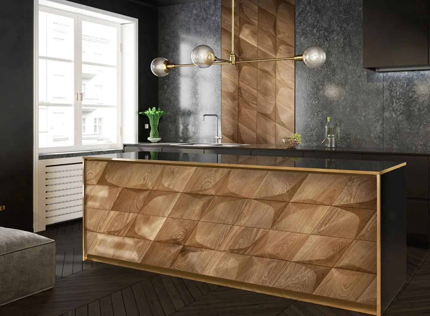 Luxury black kitchen featuring a kitchen island finished with 3D oak Caro diamond panels with gold edges and matching wall backsplash.