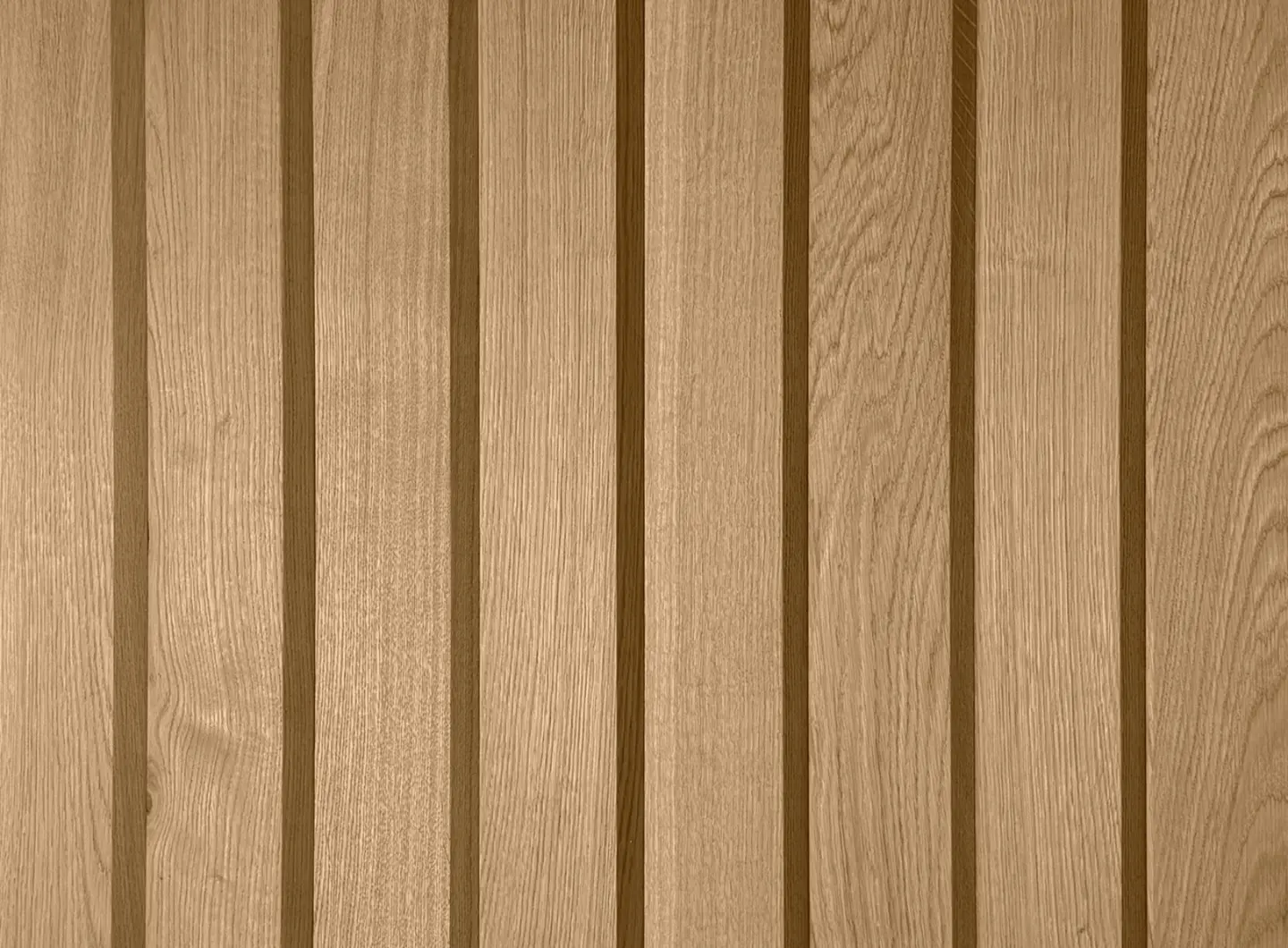 Close-up of 3D oak wood wall panels in a natural finish, featuring a Concave pattern with vertical grooves and authentic wood grain.