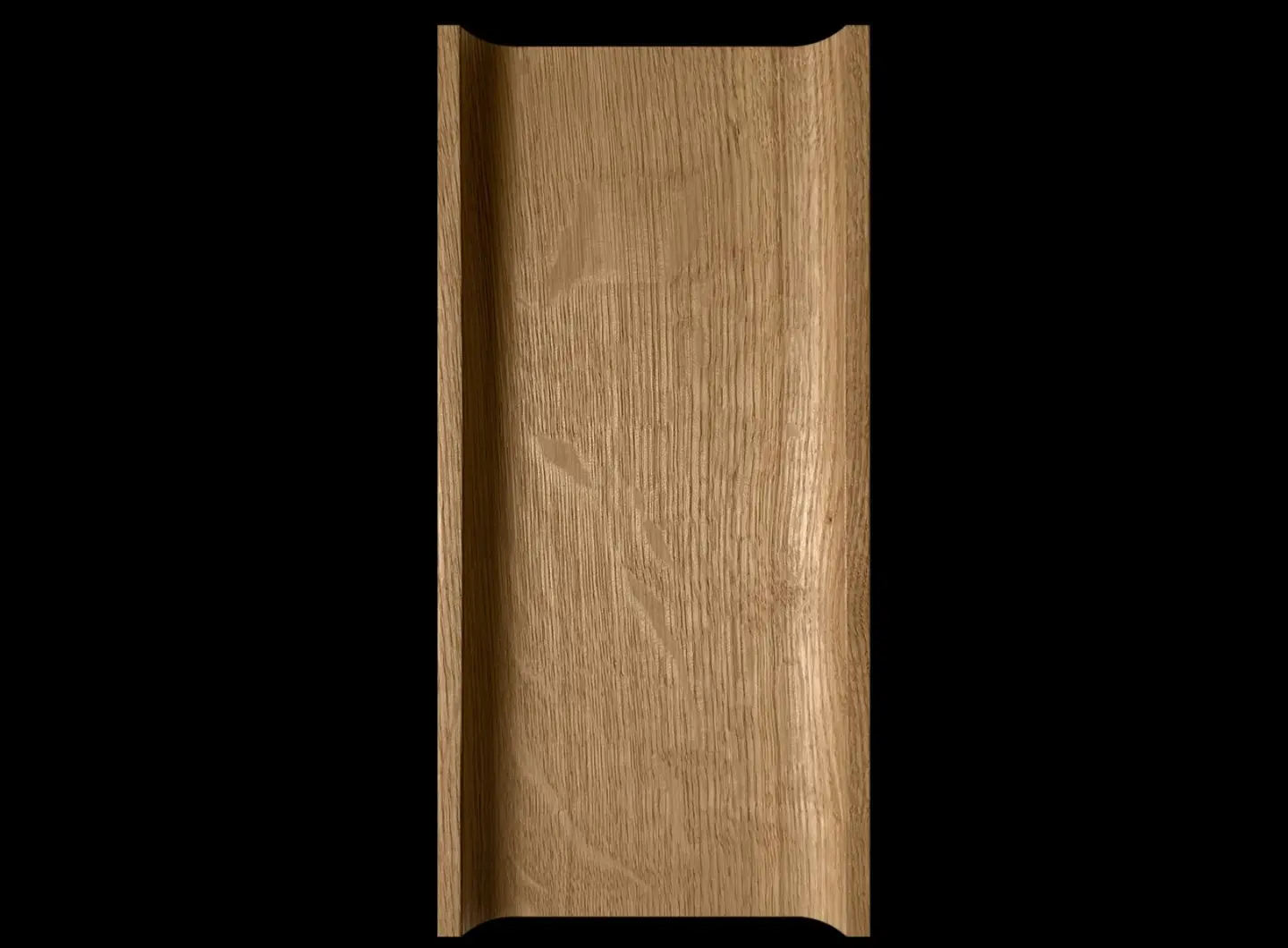 Technical profile of a single 3D oak wood panel in a Concave pattern on a black background, showcasing the depth of the groove and natural oak texture.