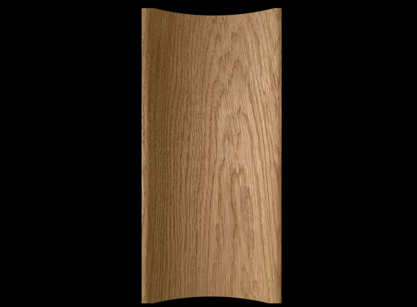Technical profile of a single 3D oak wood panel in a Convex wave pattern on a black background, showcasing the sculptural arched edge and dimensional depth.