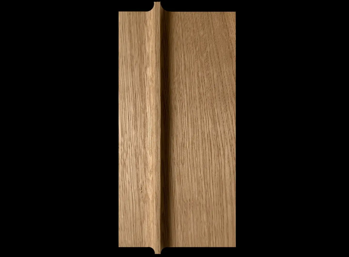 Technical profile of a single 3D oak wood panel in a Ribbon pattern on a black background, showcasing the sculptural edge and dimensional depth.